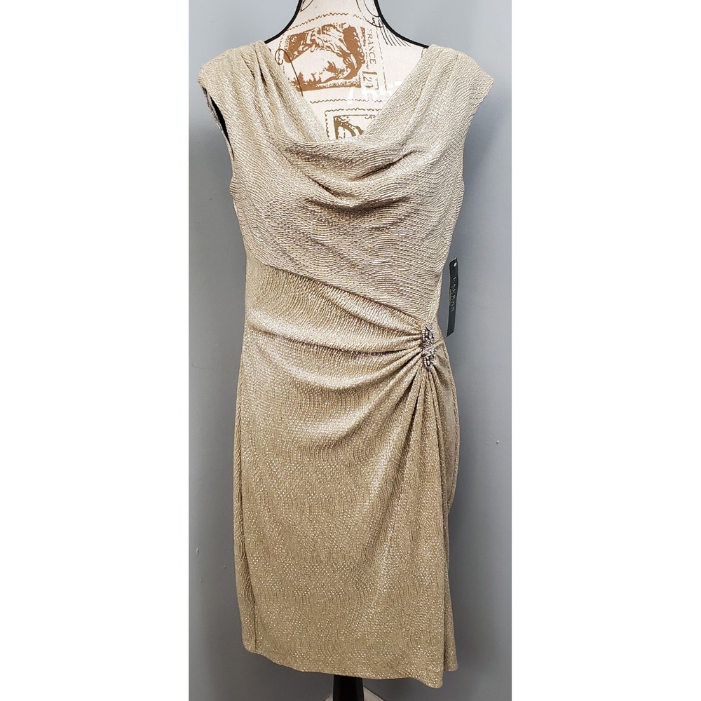 Lauren Ralph Lauren Cocktail Dress Women 8 Gold Metallic Cowl Neck Brooch Detail